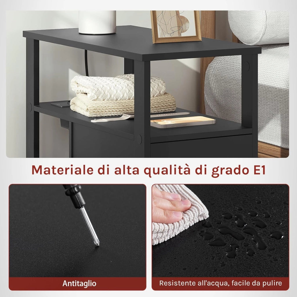 Tavolino Stretto con Stazione di Ricarica per Divano, Comodino con 2 Cassetti 2 Ripiani 1 Scomparto, per Soggiorno, Camera da Letto, 60x60x30 cm, Nero