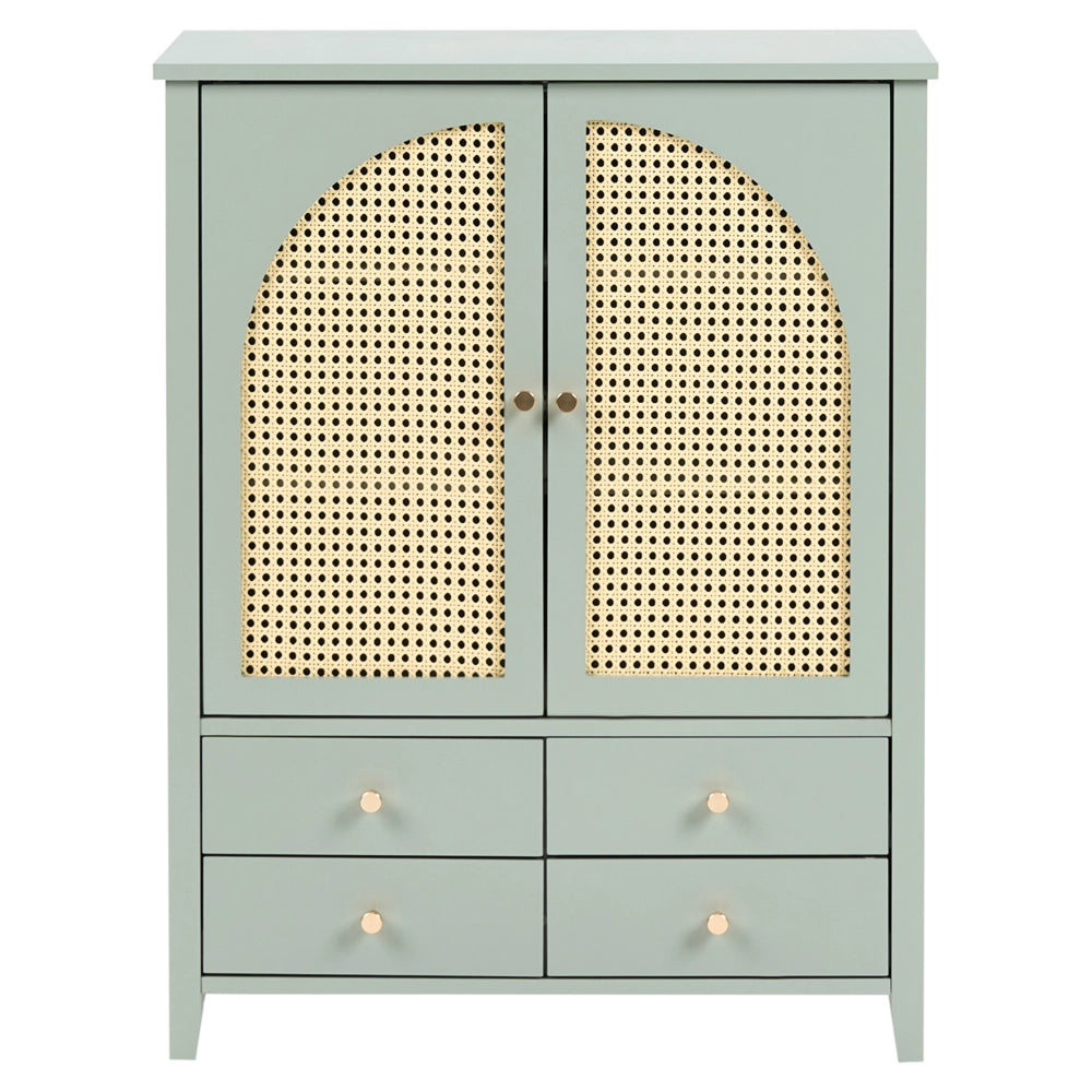 Scarpiera con 4 cassetti e 3 ripiani in legno MDF rattan PE verniciato stile boho verde menta