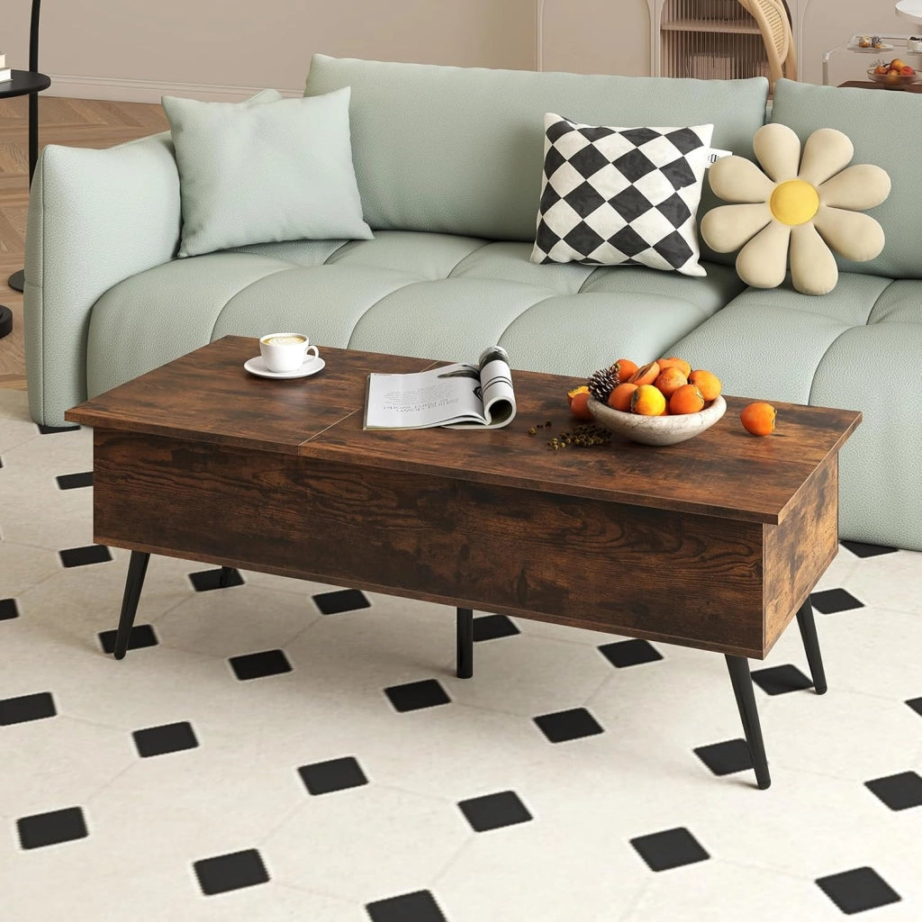 Tavolino da Caffè con Piano Sollevabile, Tavolino Moderno con 2 Scomparti Nascosti e Gambe in Metallo, Tavolo per Soggiorno, Studio e Ufficio, 111 x 48 x 40-53,5 cm (Marrone)