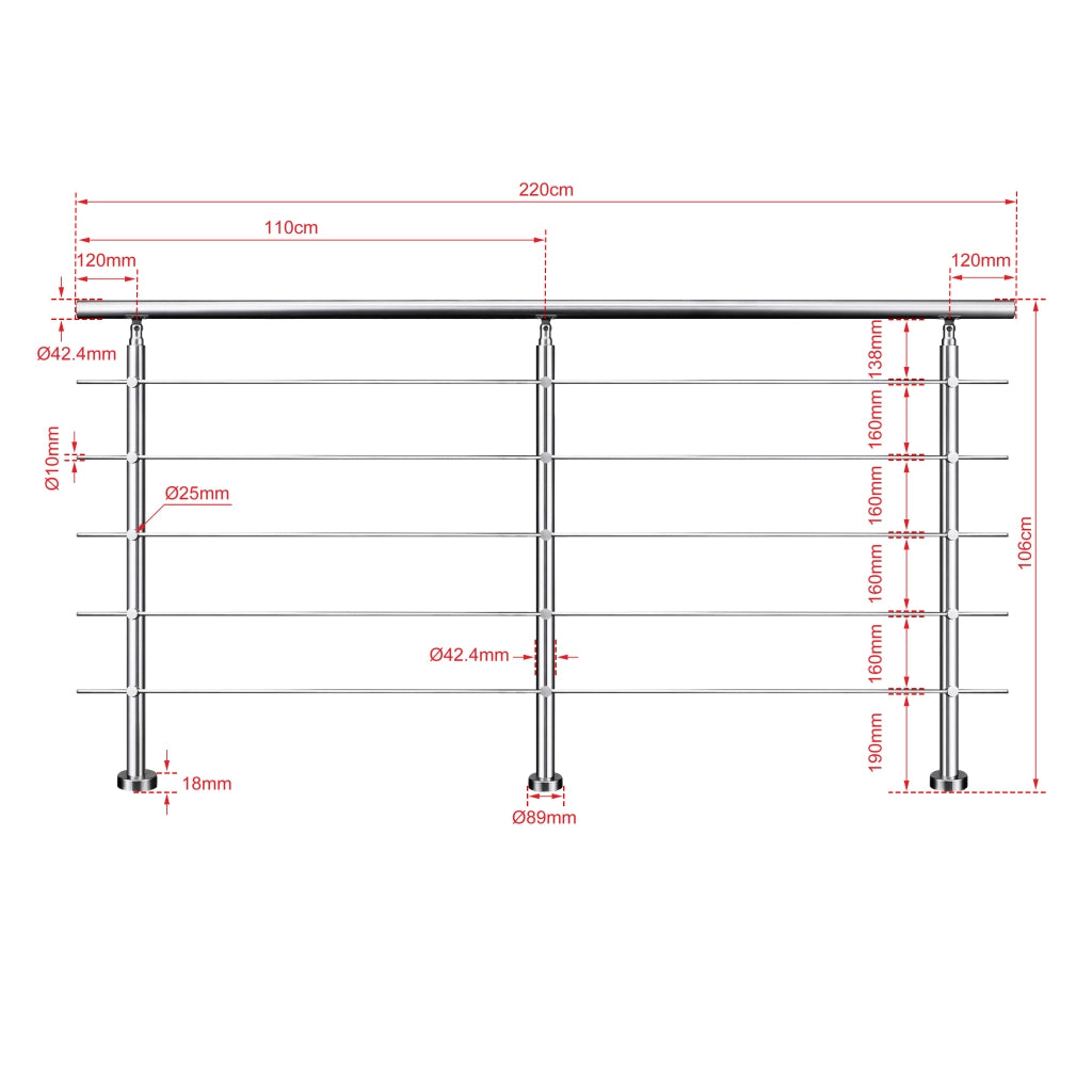 Ringhiera Balaustra Corrimano in acciaio inox spazzolato 220x106cm per interni ed esterni 5 barre trasversali