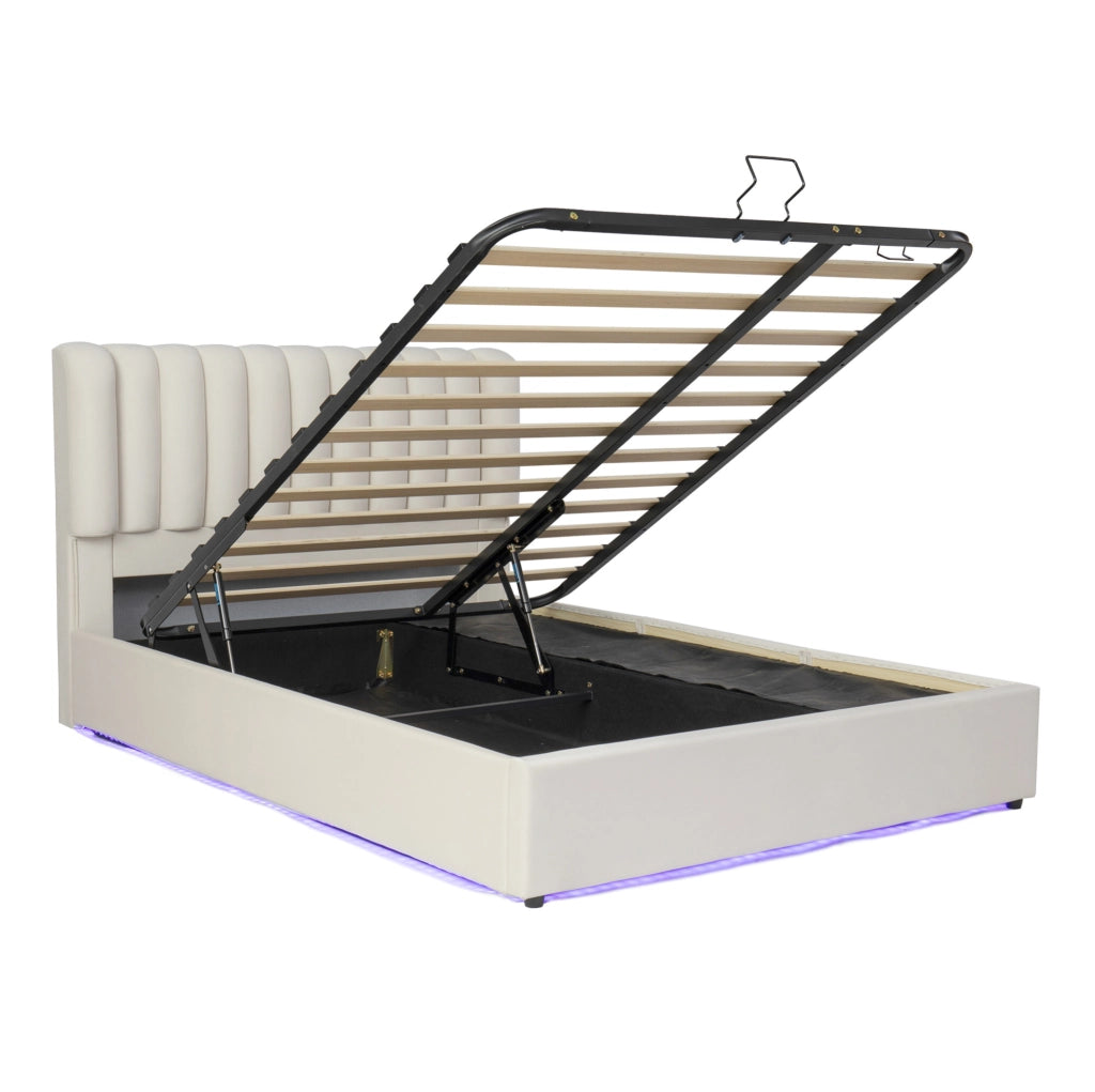 Letto 140x200 cm con contenitore idraulico; 3 cassetti e LED in velluto beige
