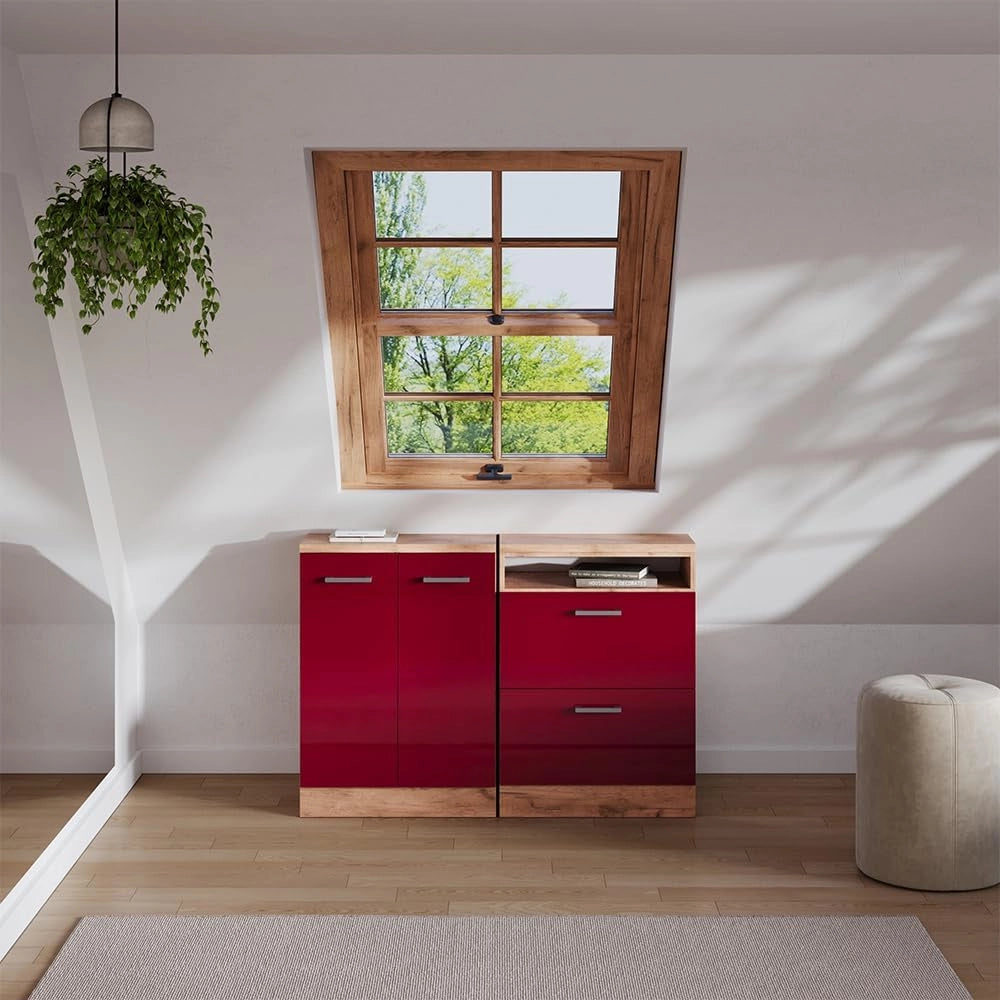 Set di mobili sottotetto Rion, Rosso lucido, 120 cm Set di 2 carcasse armadio profondità 60 cm, adatto per il salvaspazio sotto tetti spioventi