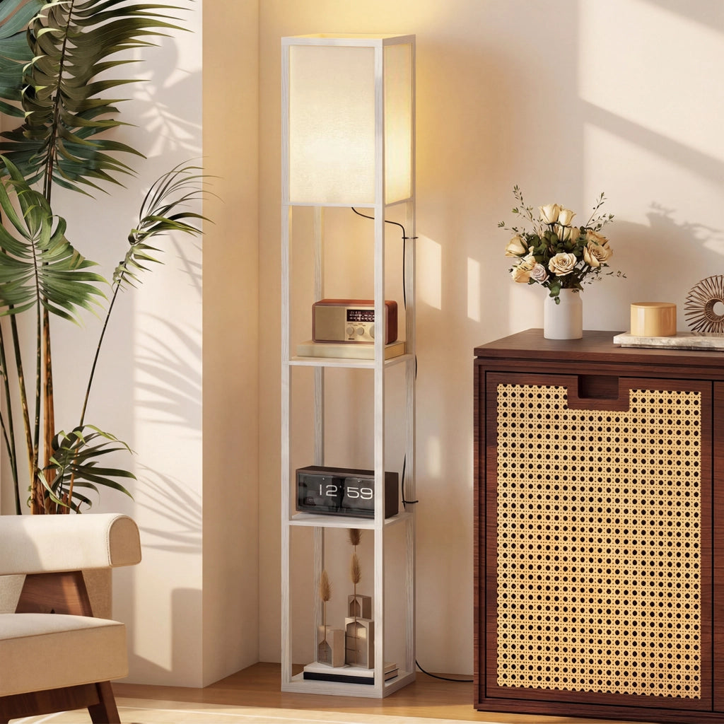 Lampada da Terra con 3 Mensole Integrate, Attacco E27 Potenza 40W, Arredamento Moderno in MDF, 26x26x160cm, Bianco