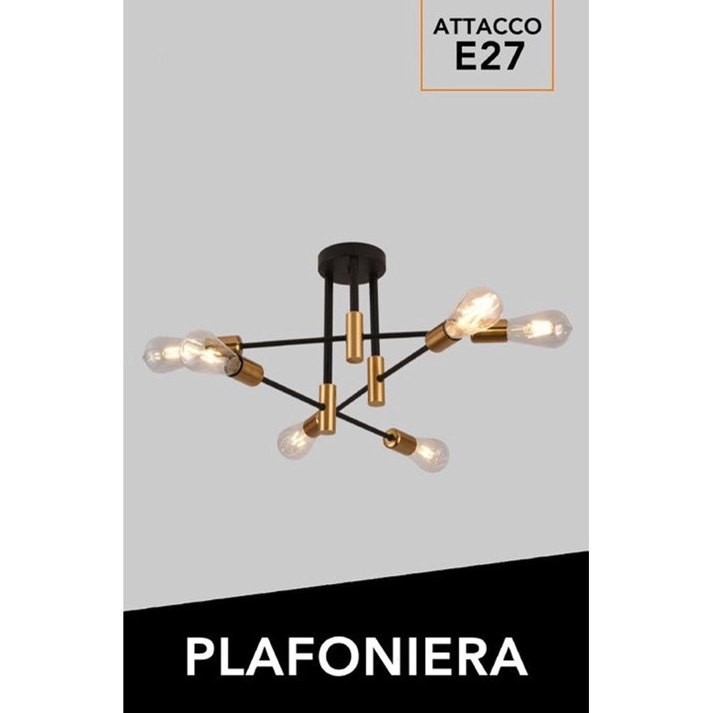 Trade Shop - Plafoniera Soffitto Design Industriale Moderna Nero Oro 6 Portalampada Attacco E27 Pn-14 -
