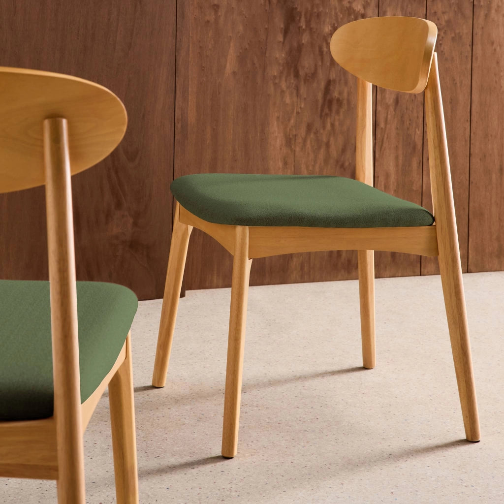 Set 2 sedie vintage in legno di hevea naturale e tessuto, verde kaki