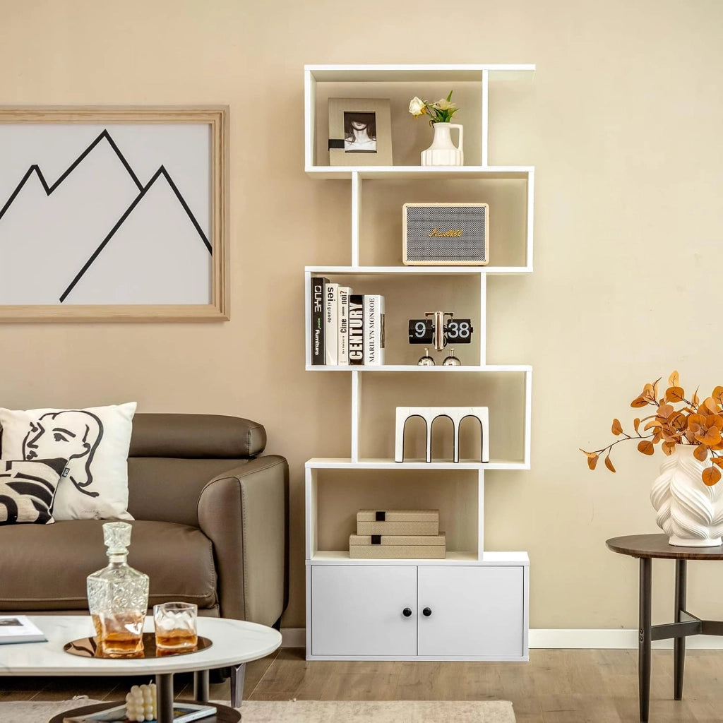 Libreria Scaffale in Legno, Libreria Verticale a 5 Livelli, Forma di S, Divisorio per Stanza con 2 Ante, per Soggiorno, Camera da Letto, 70 x 23 x 183 cm (Bianco)