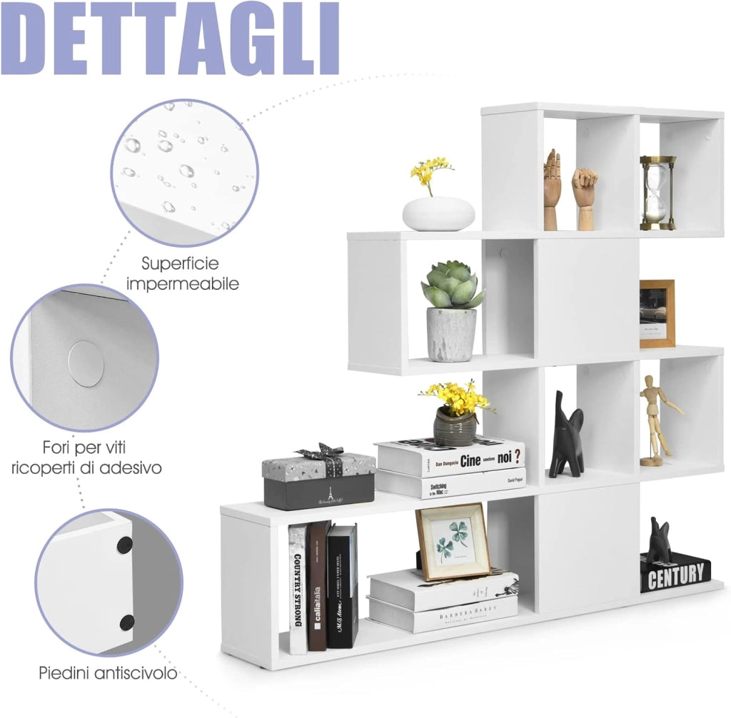 Libreria in Legno, 5 Livelli con Ante, Scaffale Multifunzionale a Forma di Scala, Ideale per Soggiorno Studio Ufficio, 120x19,5x109cm (Bianco)