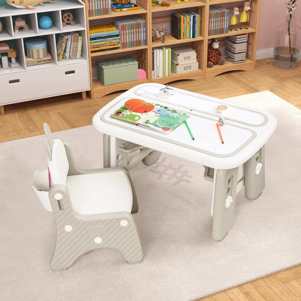 Tavolo e sedia per bambini e cavalletto double face 3 in 1-Tavolino e sedia per imparare e treppiede con lavagna bianca e nera e rotolo di carta