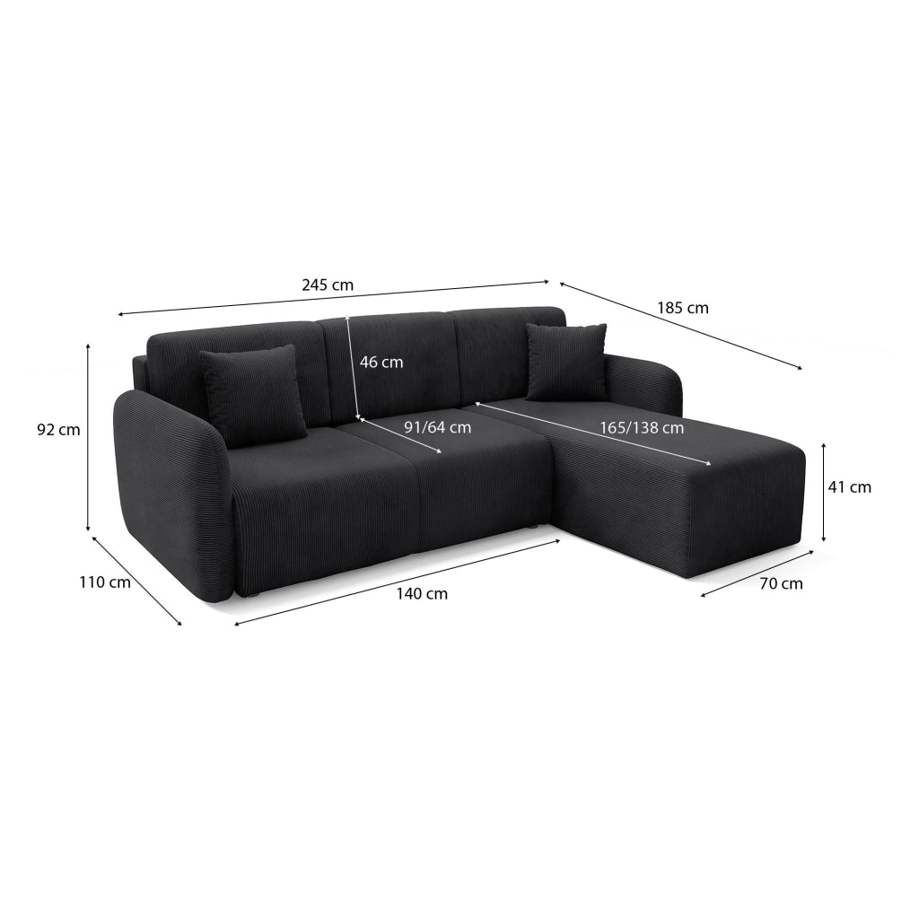 Ranco, Divano Letto con Penisola Contenitore, 245x185 cm Nero