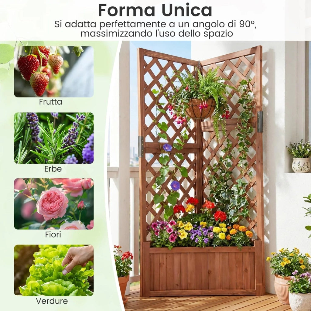 Letto da Giardino Rialzato ad Angolo con Traliccio e Fori di Drenaggio, Fioriera in Legno Elevata per Piante Rampicanti, Fiori e Verdure, Ideale per Interno ed Esterno (Marrone)