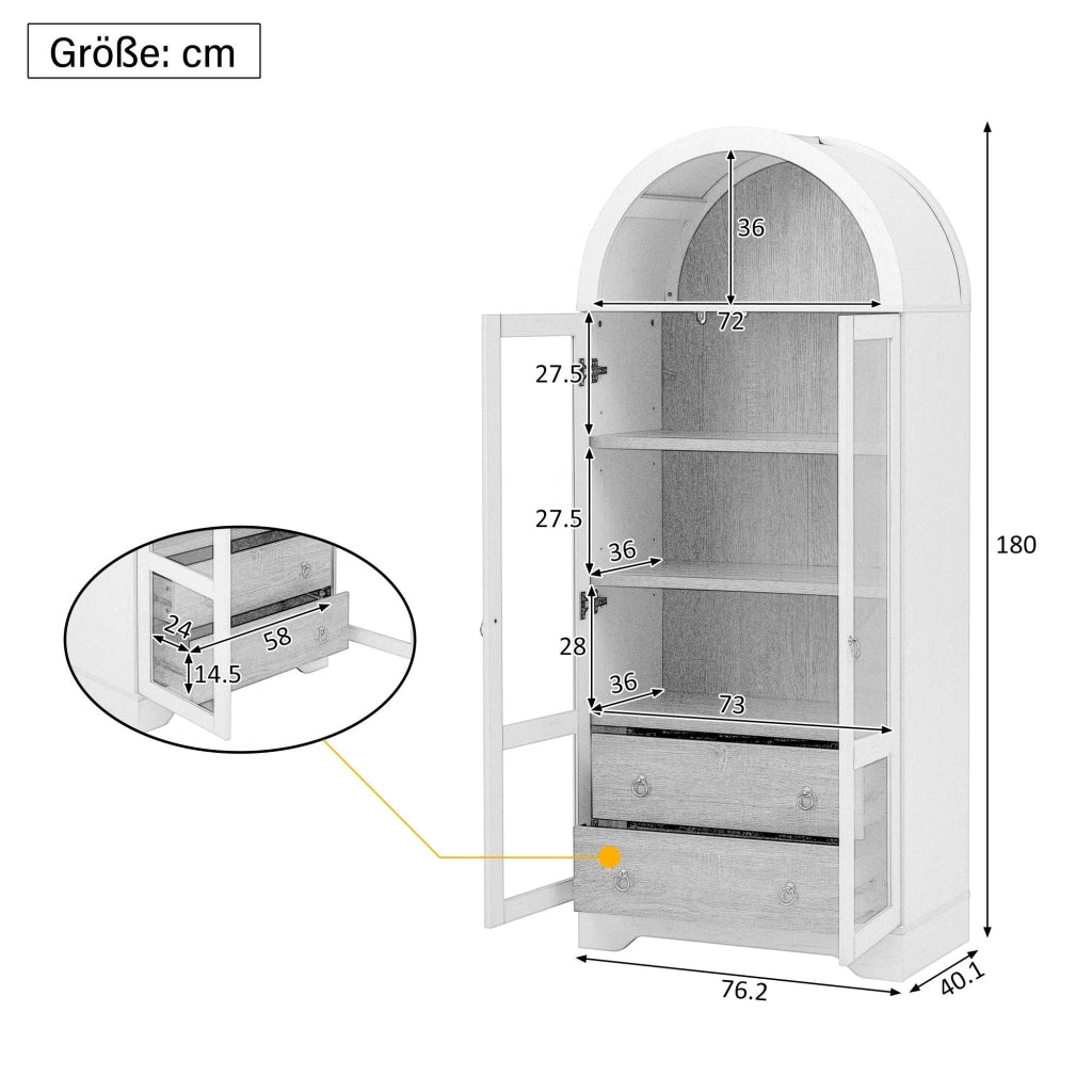 Vetrina, mobile da ingresso, credenza, ripiani regolabili, 2 cassetti, ante in vetro, nero