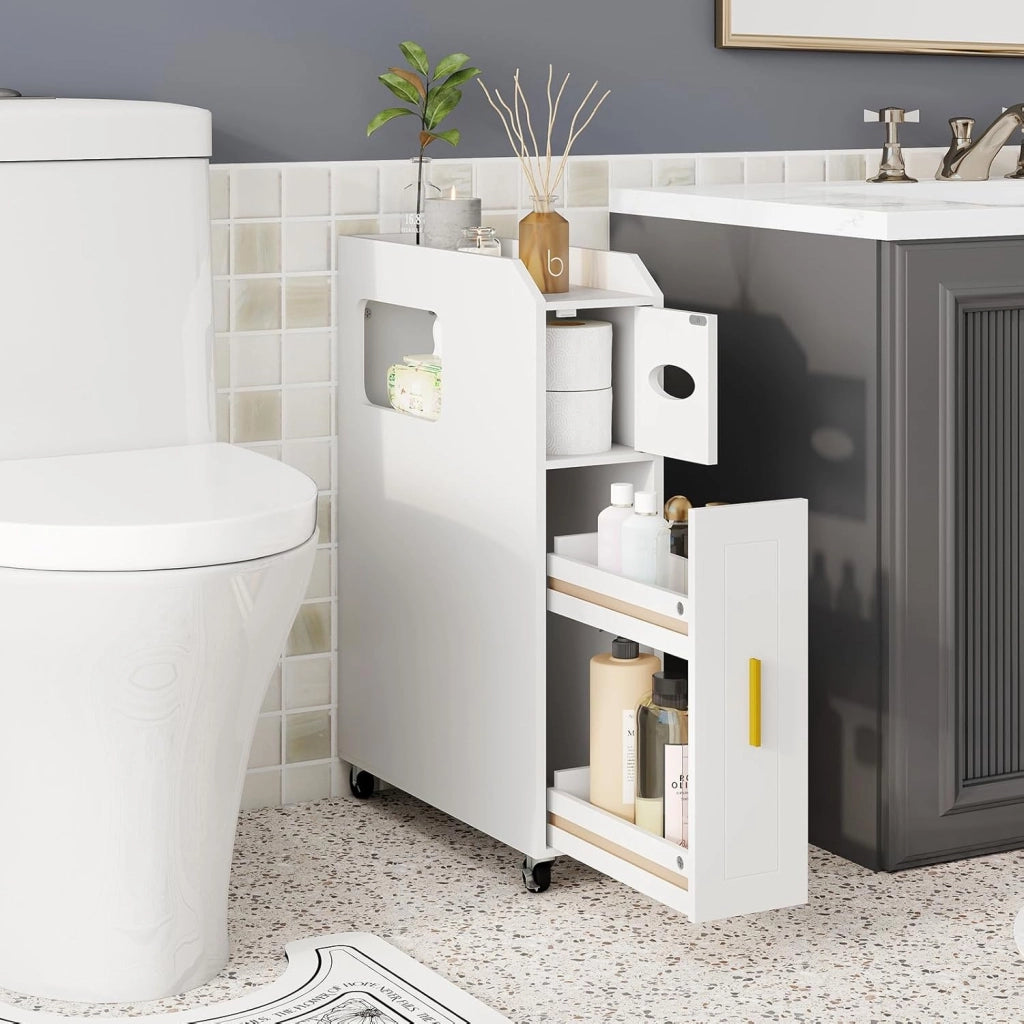 Credenza da Bagno Piccolo, Mobile Salvaspazio Stretto e Slim con Cassetto Scorrevole, Porta Fazzoletti, Portascopino e Ruote Bloccabile, Armadietto per Spazi Ridotti (Bianco)