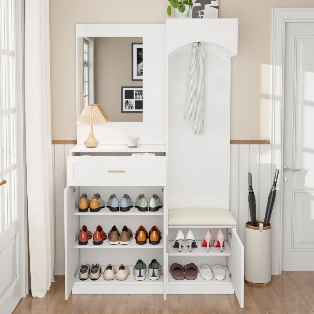 Mobile d'Ingresso con Specchio; 2 Ante; 2 Cassetti e Ripiani Regolabili; Stile Moderno; in MDF; Bianco; 110??33??185;5 cm