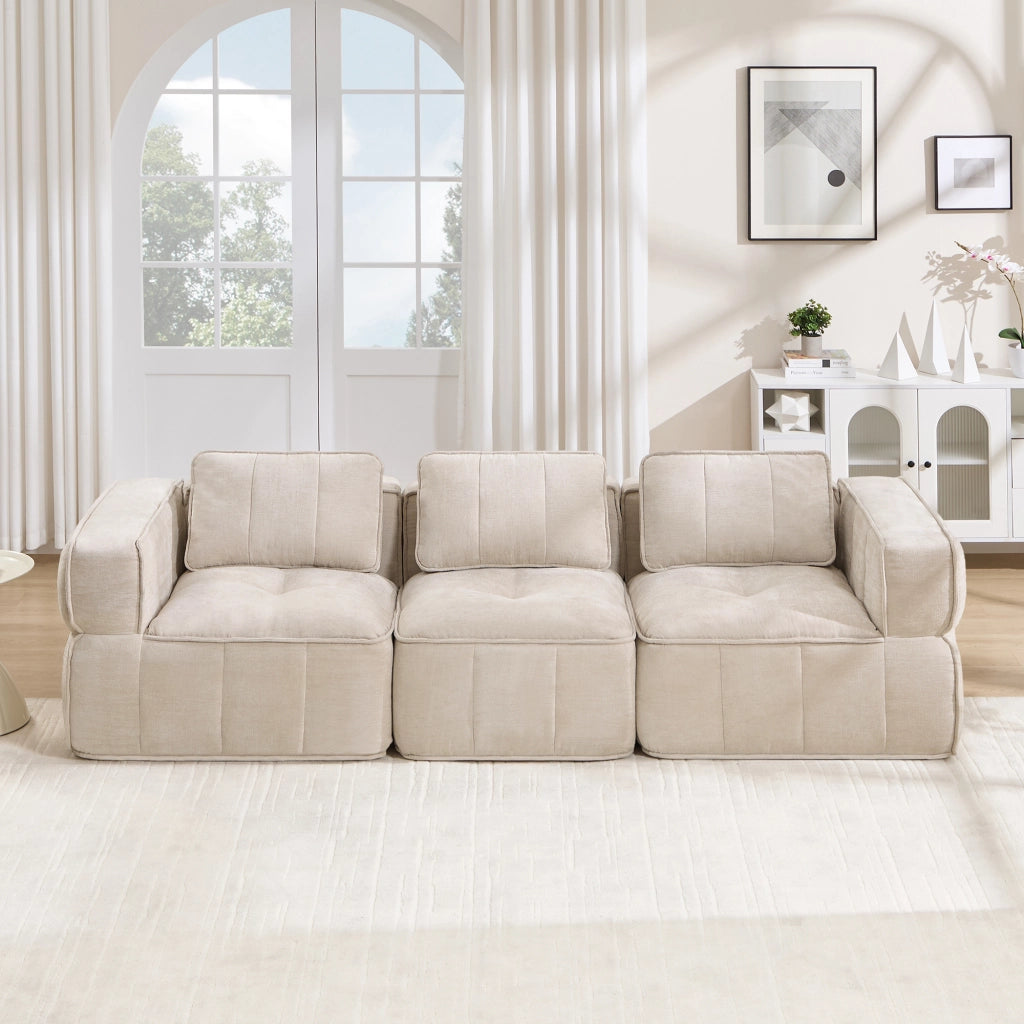 Divano modulare a 3 posti senza struttura in tessuto di poliestere con schiuma 32D base antiscivolo senza montaggio beige