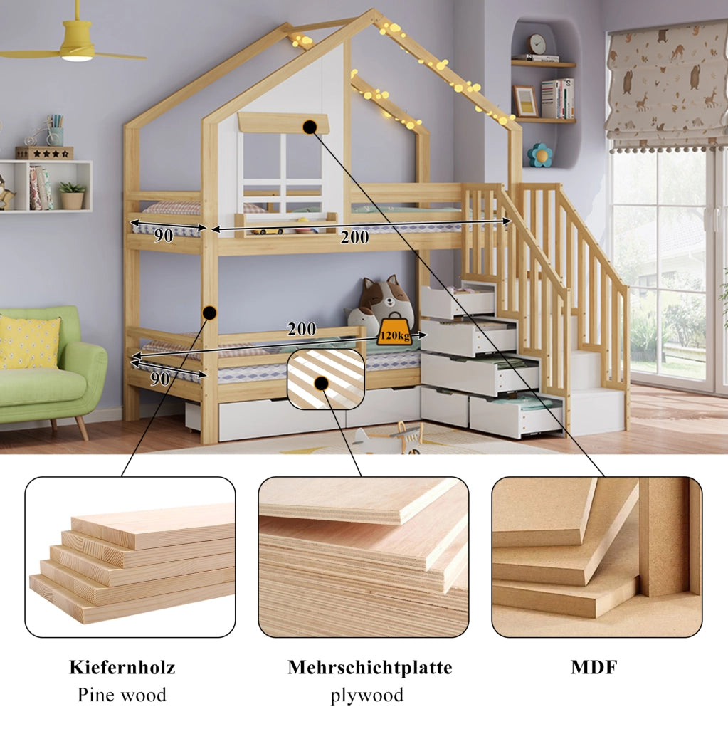 Letto a castello per bambini con cassetti, finestra decorativa e scala con corrimani