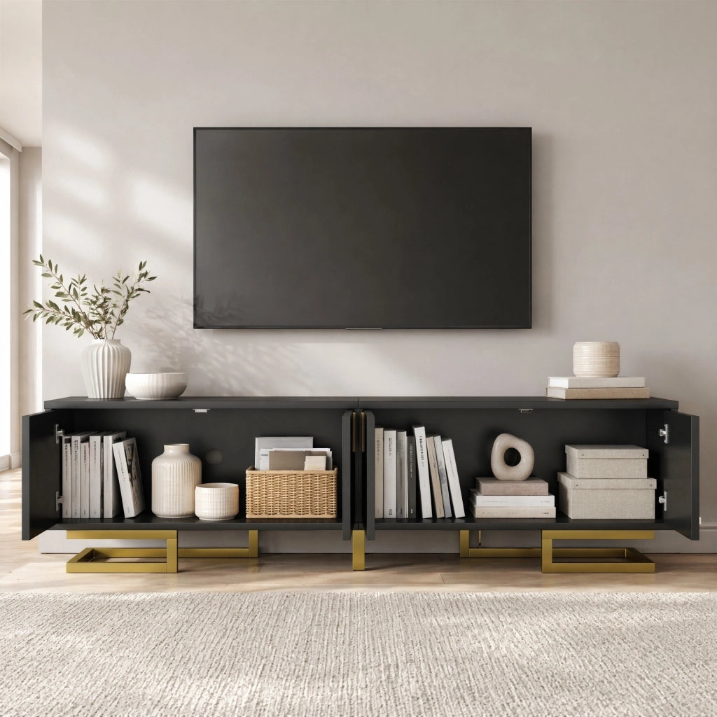 Mobile TV 160 cm nero con 4 ante, ripiani e gambe dorate regolabili