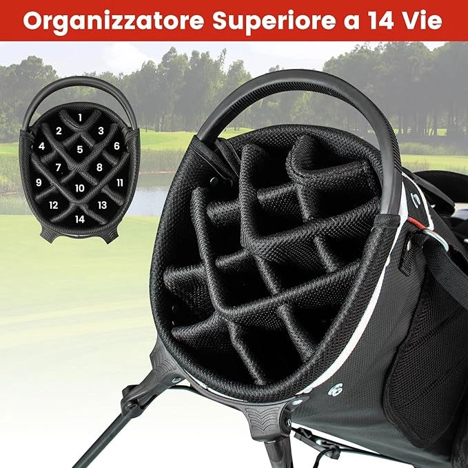 Sacca per Mazze da Golf, Borsa da Golf con Supporto, Divisori a 14 Vie, 6 Tasche, Borsa Frigo, Doppia Tracolla e Cappuccio Antipioggia, Ideale per Uomini e Donne