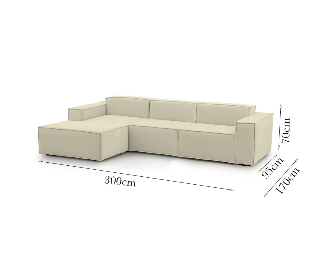 Divano fisso Alganibra, Divano componibile a 3 posti con penisola sinistra, Made in Italy, SofÒ  moderno in tessuto, Cm 300x170h70, Beige