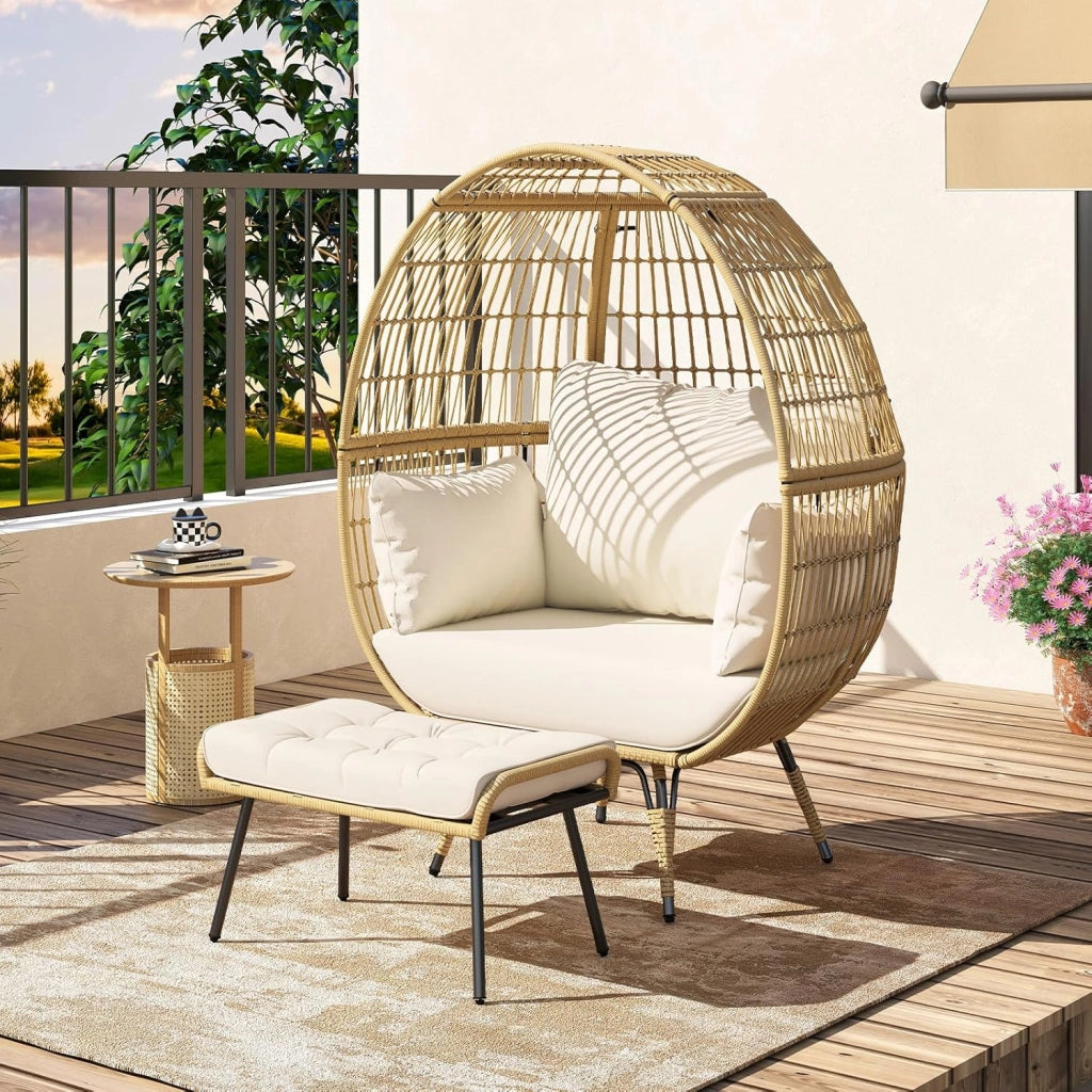 Sedia a Uovo con Poggiapiedi, Set da 2 Pezzi in Rattan con Struttra in Metallo e Cuscini Morbini, Portata 205 kg, Poltrona Relax per Soggiorno, Terrazzo, Giardino e Cortile
