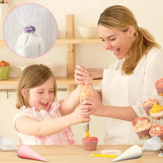 100 sacchetti di silicone riutilizzabili - contenitori di polvere per decorazione - clip per decorazione di torte, biscotti e cupcakes con sacchetti di spolvero.