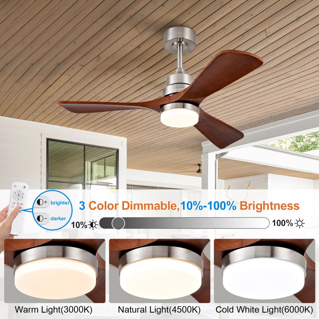 Ventilatore da soffitto in legno 42 pollici con luce e telecomando, per interni ed esterni, 3 pale legno, 3CCT dimmerabile, 6 velocit¨¤