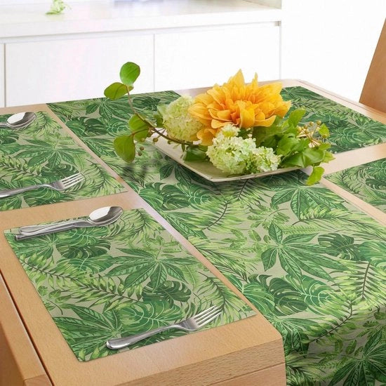 Tavolo estensibile e piatti di accompagnamento - stampa foglia verde - tema Jungle e Hawaii - 180 x 40 cm - decorazione da tavolo - foglie tropicali - verde mela e verde smeraldo