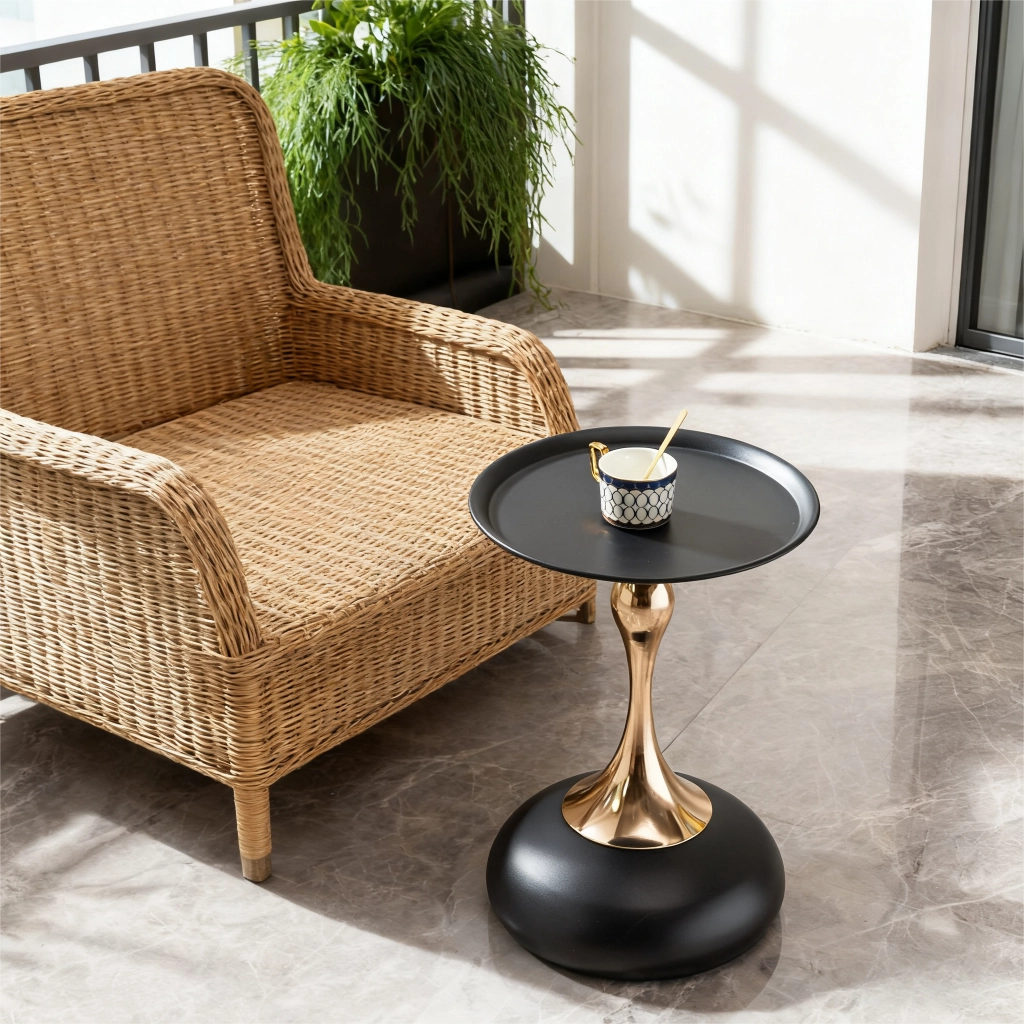Comodino rotondo stretto con vassoio e base in metallo in legno nero e oro per camera da letto soggiorno