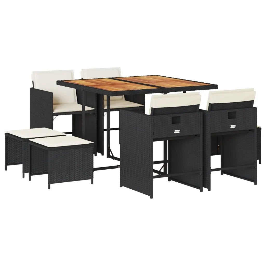 Set da Pranzo da Giardino 9 pz con Cuscini Nero in Polyrattan 3277910