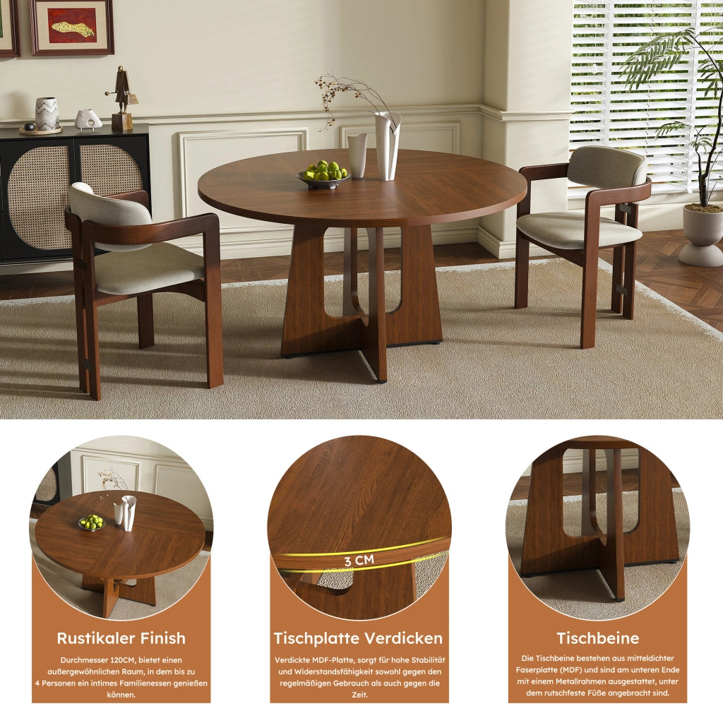 Tavolo da pranzo per 4-6 persone con piano rotondo stabile e 4 piedi regolabili, in MDF, color noce, diametro 120 cm