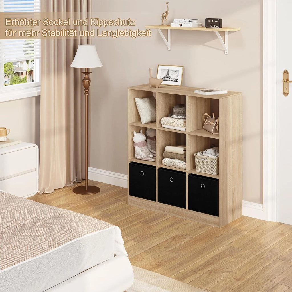 Libreria Scaffale, Libreria a 9 Cubi Portaoggetti, Scaffale in Legno con 3 Cassetti in Tessuto Non Tessuto, per Soggiorno, Camera da Letto, Ufficio, Rovere Chiaro, 80x30x86,5 cm, SK041hei