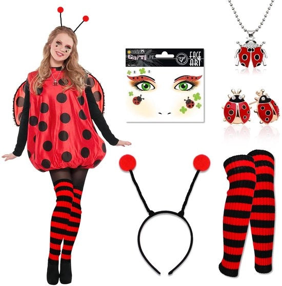 Costumi da ballo per donne - Accessori Lieveheersbeestje - Fascia per capelli con pomponi - Tatuaggi - Orecchini - Collana - Adesivi per il viso con glitter - Tema costume