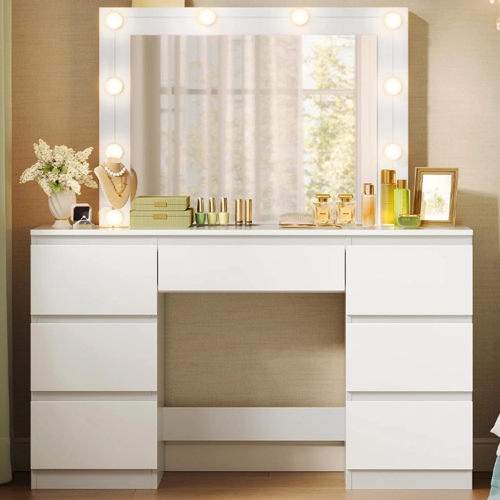 Toeletta da Trucco, con Specchio e Luci LED, Luminosità Regolabile, Tavolo da Trucco, con 7 Cassetti, Postazione Make Up, 107x39,5x140,5cm, Cassettiera in Legno, Bianco, MB6099ws