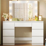 Toeletta da Trucco, con Specchio e Luci LED, Luminosità Regolabile, Tavolo da Trucco, con 7 Cassetti, Postazione Make Up, 107x39,5x140,5cm, Cassettiera in Legno, Bianco, MB6099ws