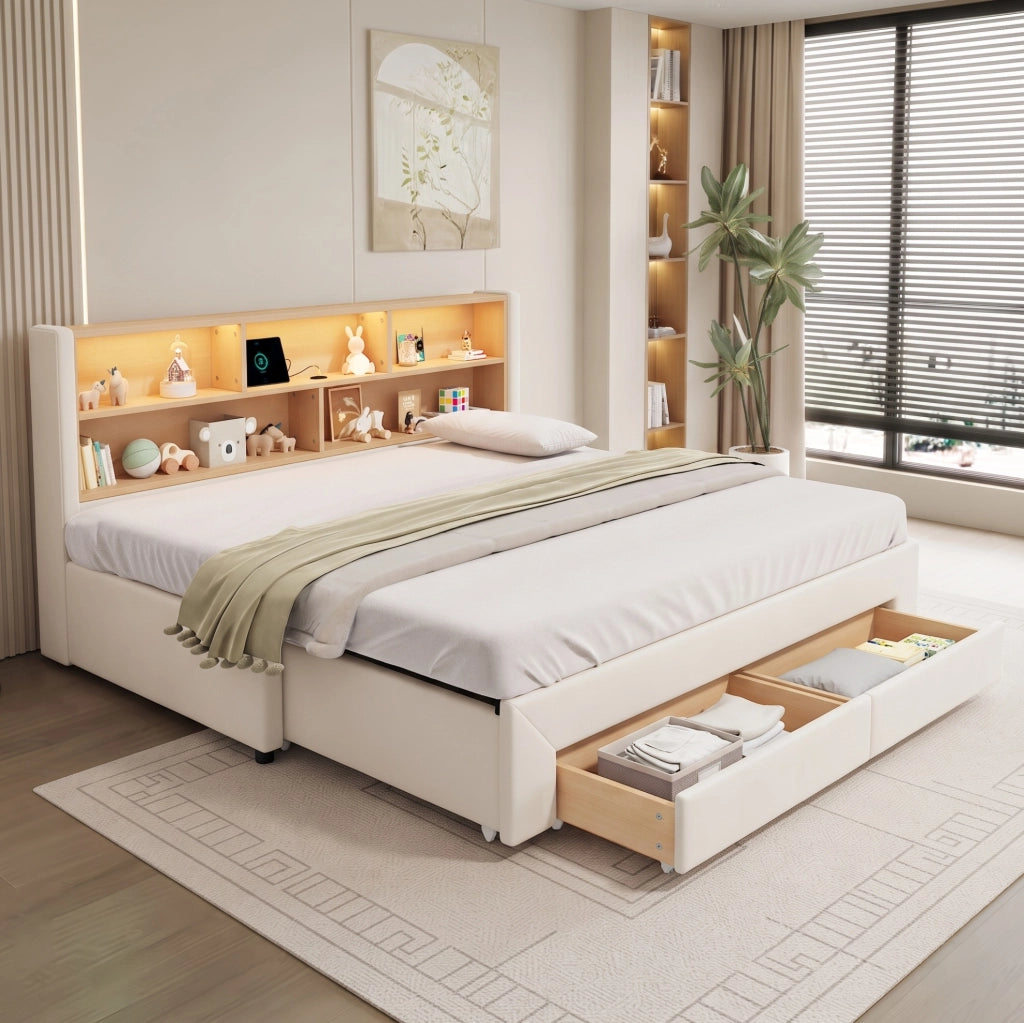 Letto da giorno estraibile 90x200 cm con LED; USB e Type-C; cassetti; velluto beige