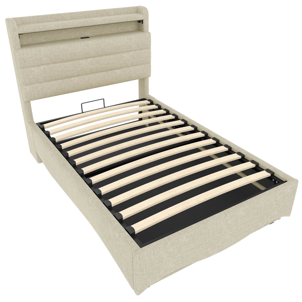Letto imbottito 90x200 cm con contenitore idraulico; LED e prese USB/Tipo C; lino beige