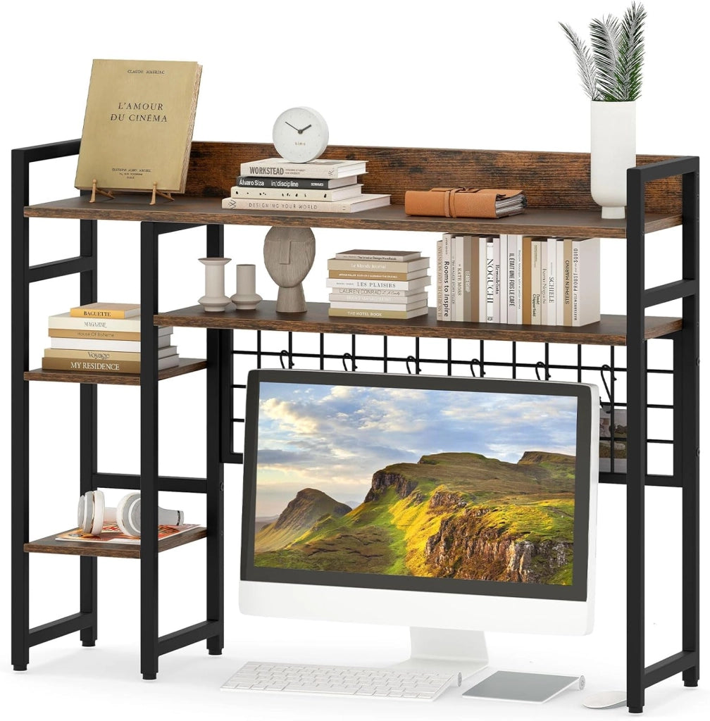 Scaffale da scrivania, scaffale autoportante con 4 ripiani, scomparto aperto, griglia in metallo e 6 ganci rimovibili, risparmio di spazio, libreria per ufficio, cucina, soggiorno (marrone)