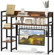 Scaffale da scrivania, scaffale autoportante con 4 ripiani, scomparto aperto, griglia in metallo e 6 ganci rimovibili, risparmio di spazio, libreria per ufficio, cucina, soggiorno (marrone)