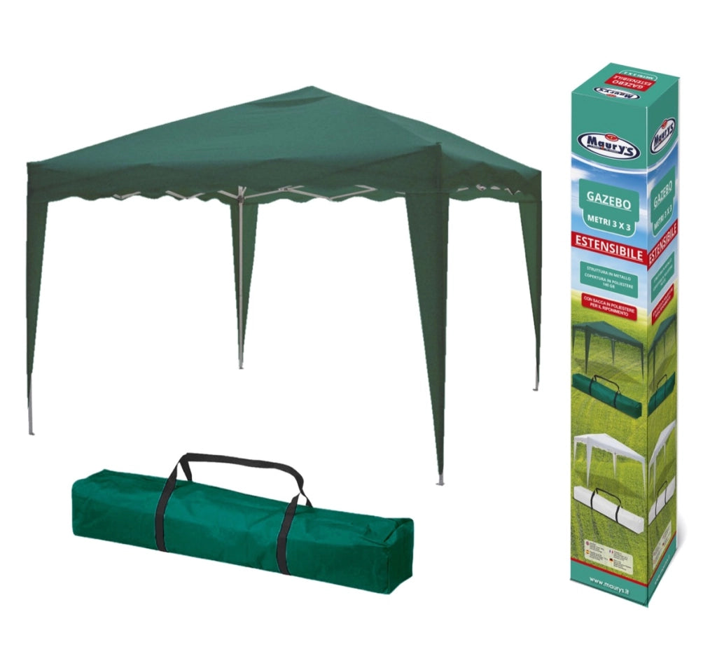 MAURY'S GAZEBO PIEGHEVOLE QUADRATO 3 X 3 MT IN COLORE VERDE CON SACCA