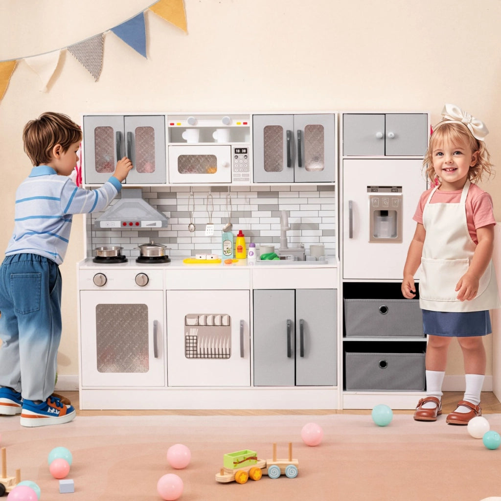 Cucina legno da gioco con spazio di stoccaggio e accessori, Cucina legno da gioco con luci e funzioni interattive Grigio