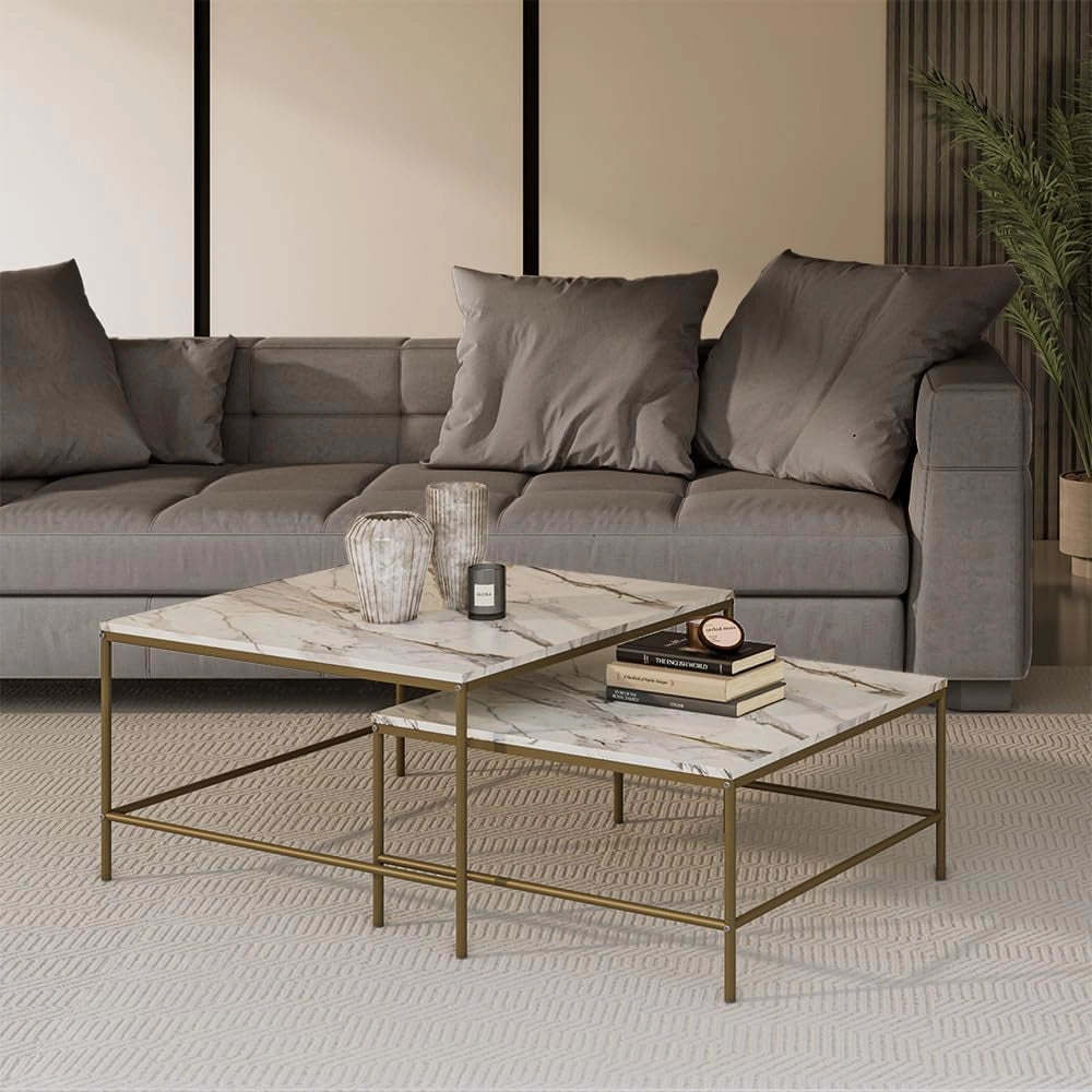 Tavolino da divano Ramio, Bianco/Oro, 80 x 80 cm 2 parti, per un utilizzo flessibile come superficie d’appoggio o tavolini laterali