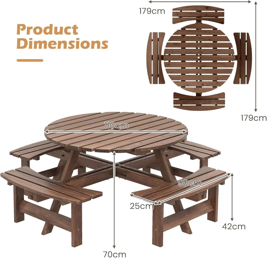 Tavolo da Picnic per 8 Persone con Foro per Ombrellone, Tavolo con Panche in Legno di Abete, Set da Giardino Esterno per Bar, Agriturismo, Sagra, Patio, Balcone, φ179 x 70 cm (Marrone)