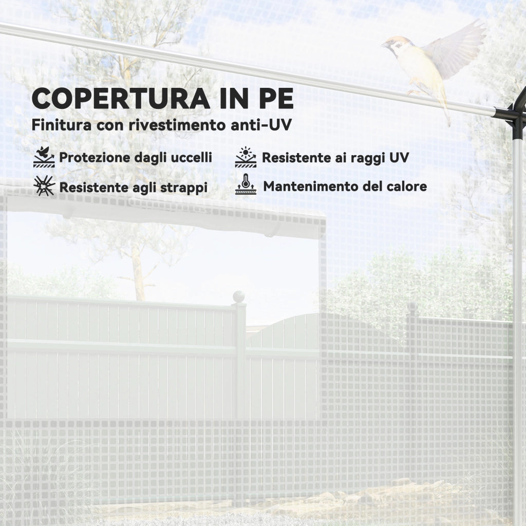 Serra a Tunnel 2x3x2 m con Porte e Finestre Avvolgibili e Tetto a Punta, in Acciaio e PE, Bianco