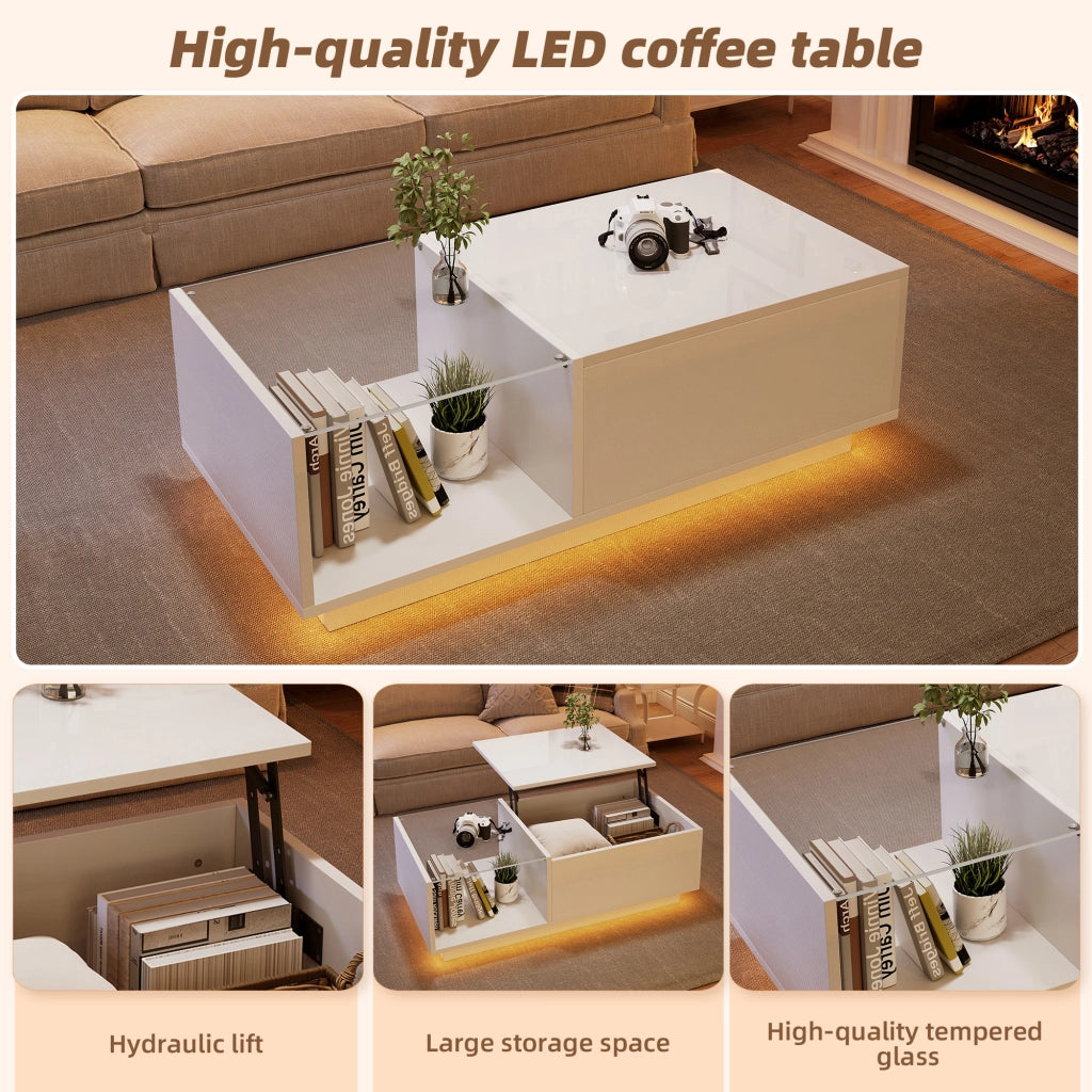 Tavolino basso sollevabile con LED, vano nascosto e ripiano aperto, per soggiorno, bianco, 100 × 50 × 33 cm