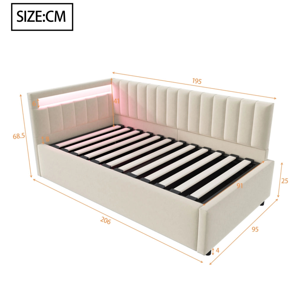 Letto imbottito 90x200 con LED, contenitore idraulico e rete a doghe