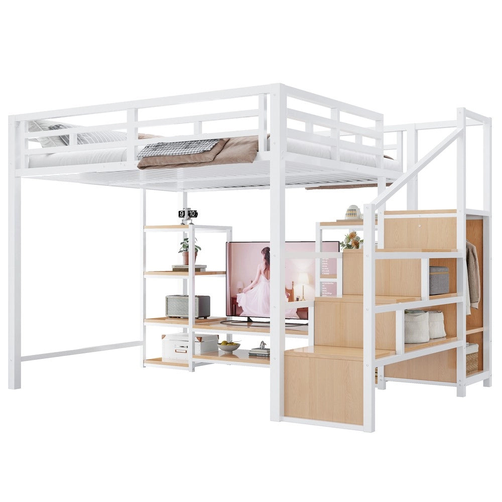 Letto a soppalco con TV - Zephmum- 140x200 - Bianco - Presa di corrente e scala di sicurezza
