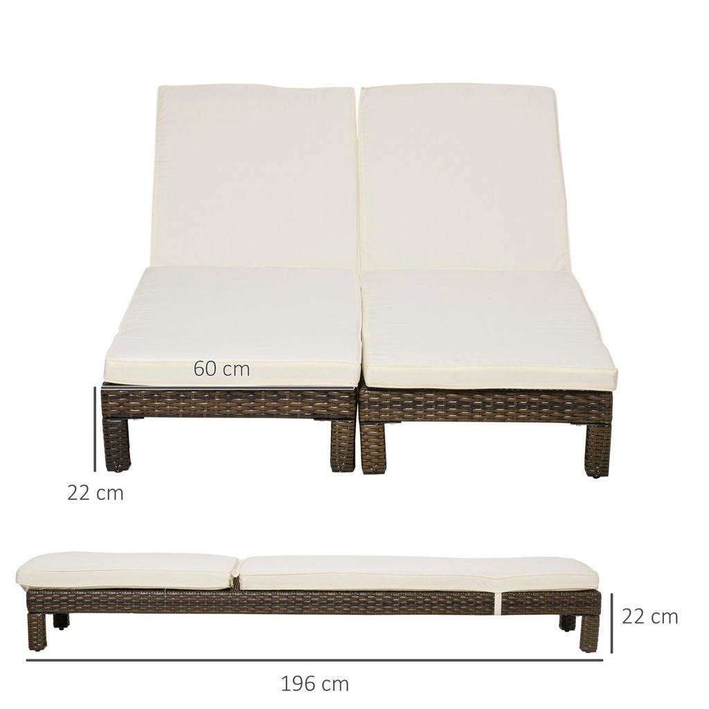 SET 2 LETTINI PRENDISOLE IN RATTAN PE CON CUSCINO E SCHIENALE 5 RECLINAZIONI, 196X60X22CM