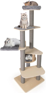 Albero per Gatti Alto 197 cm, Tiragraffi per Gatti con Comodo Trespolo Imbottito Superiore, Condominio Privato per Gatti, Materassini Staccabili, Pali per Graffiare e Amaca Confortevole
