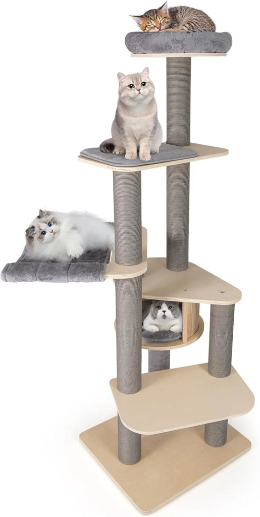 Albero per Gatti Alto 197 cm, Tiragraffi per Gatti con Comodo Trespolo Imbottito Superiore, Condominio Privato per Gatti, Materassini Staccabili, Pali per Graffiare e Amaca Confortevole