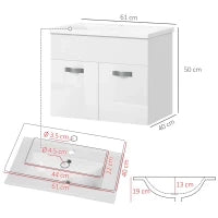 kleankin Mobile Bagno Sospeso con Lavabo, Armadietto a 2 Ante con Cerniere Ammortizzate, 61x40x50cm, Bianco Lucido