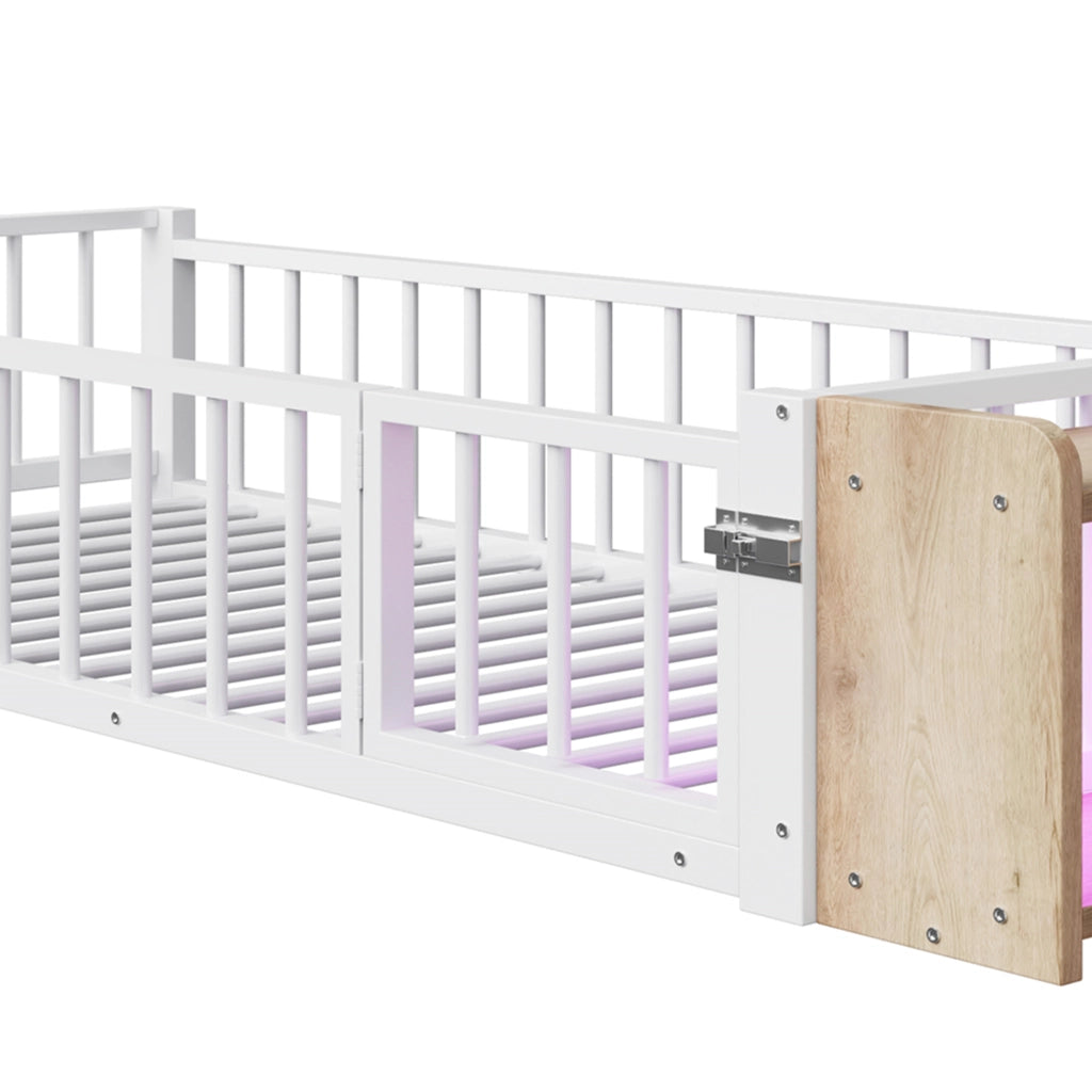 Letto per Bambini Letto Singolo con Sponda; Vano a Giorno e LED 90×200 cm; senza Materasso; Bianco